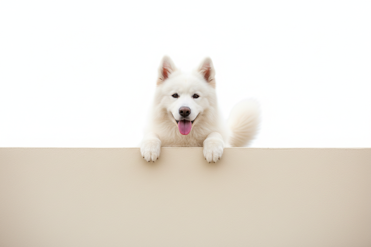 que el fondo de atras del perro sea blanco total y la pared sea lisa de color crema 